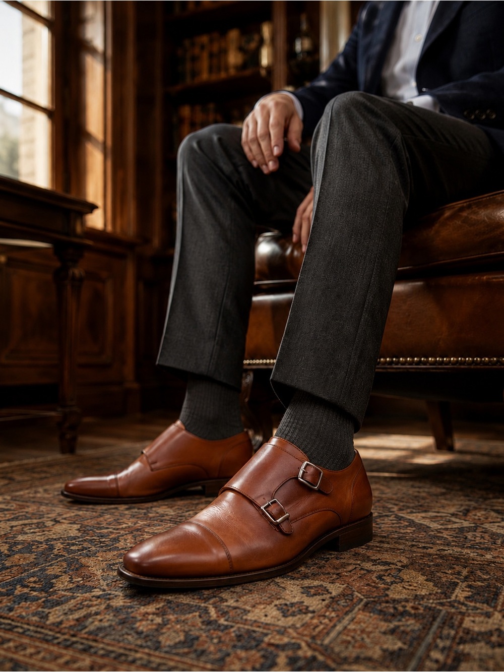 REISS Cognac Rivington Leather Double Monk Strap Dress Shoes Almond Toe Formal